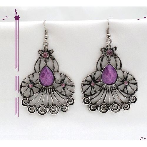 Boucles D'Oreille Style Tibétain Gyalwa Perle Strass Mauve Argent Du Tibet