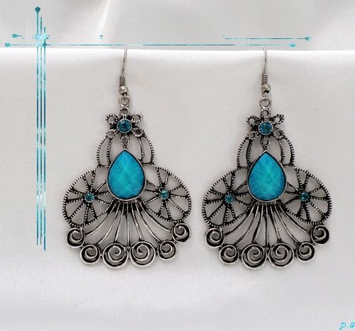 Boucles D'Oreille Style Tibétain Gyalwa Perle Strass Turquoise Argent Du Tibet