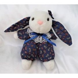 Doudou Peluche Lapin Assis Blanc Bleu Motif Noeud Col Dentelle Vintage Jemini