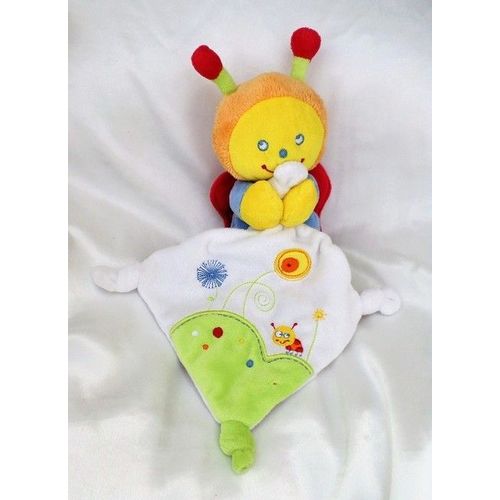 Doudou Peluche Abeille Jaune Orange Mouchoir Blanc Vert Pommette
