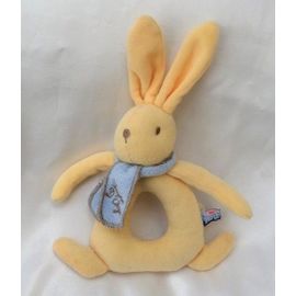 Doudou Lapin Hochet Triangle Jaune Echarpe Bleu Sucre D'Orge