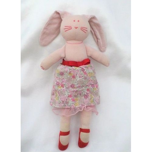 Doudou Peluche Lapin Tissu Rose Jupe Fleurs Rose Gris Tulle Petit Bateau