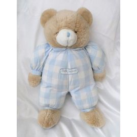 Doudou Peluche Ours Beige Corps Tissu Carreaux Bleu Blanc Bébé Jacadi