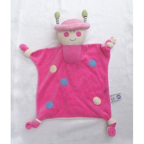 Doudou Peluche Plat Coccinelle Rose Pois Bleu Ecru Verso Ecru 4 Noeuds Mgm
