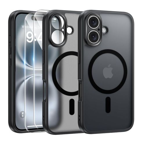 Coque Noir Magnétique pour iPhone 16 PLUS + 2 Verre Trempé, Compatible avec MagSafe, Protection caméra ,Translucide Antichoc - HQSELECTION®
