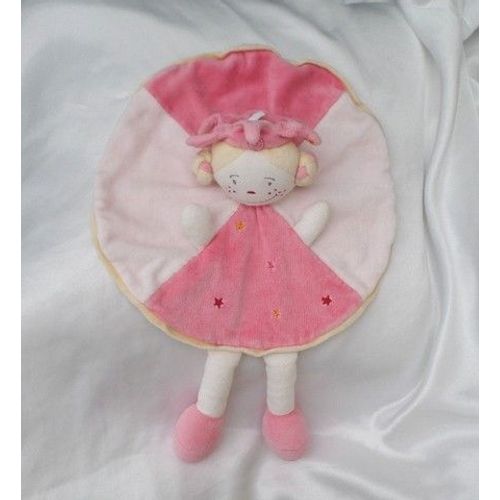 Doudou Peluche Plat Rond Rose Princesse Lutin Couronne Etoiles Berlingot