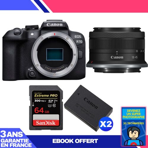 Boitier Canon EOS R10 + RF-S 18-45mm F4.5-6.3 IS STM + 1 SanDisk 64GB Extreme PRO UHS-II SDXC 300 MB/s + 2 Canon LP-E17 + Ebook 'Devenez Un Super Photographe'