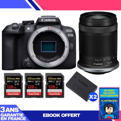 Boitier Canon EOS R10 + RF-S 18-150mm F4.5-6.3 IS STM + 3 SanDisk 128GB Extreme PRO UHS-II SDXC 300 MB/s + 2 Canon LP-E17 + Ebook 'Devenez Un Super Photographe'