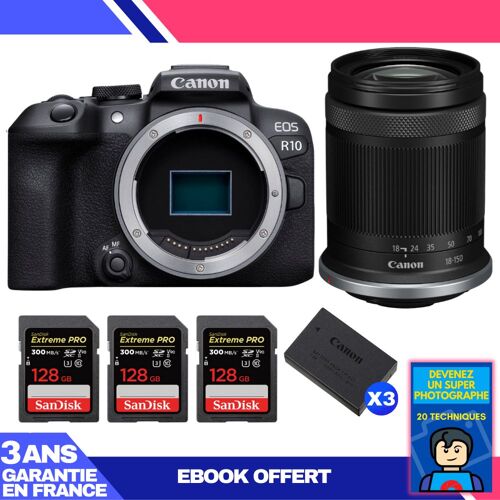 Boitier Canon EOS R10 + RF-S 18-150mm F4.5-6.3 IS STM + 3 SanDisk 128GB Extreme PRO UHS-II SDXC 300 MB/s + 3 Canon LP-E17 + Ebook 'Devenez Un Super Photographe'