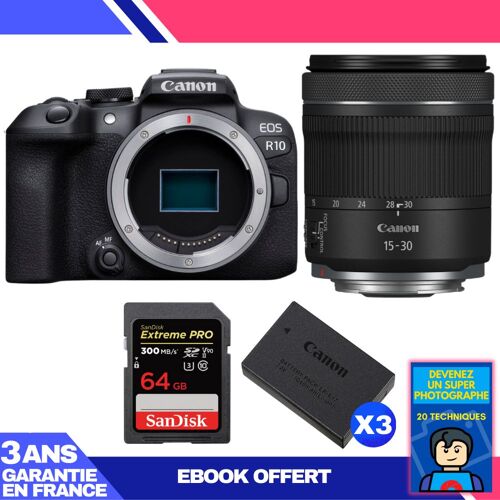 Boitier Canon EOS R10 + RF 15-30mm F4.5-6.3 IS STM + 1 SanDisk 64GB Extreme PRO UHS-II SDXC 300 MB/s + 3 Canon LP-E17 + Ebook 'Devenez Un Super Photographe'