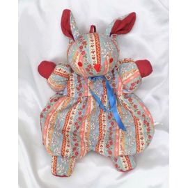 Doudou Peluche Range Pyjama Lapin Rayures Fleurs Bleu Et Rouge Sucre D'Orge