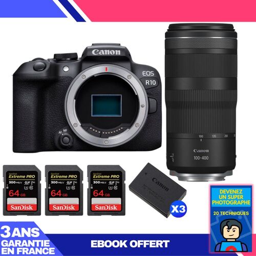 Boitier Canon EOS R10 + RF 100-400mm F5.6-8 IS USM + 3 SanDisk 64GB Extreme PRO UHS-II SDXC 300 MB/s + 3 Canon LP-E17 + Ebook 'Devenez Un Super Photographe'
