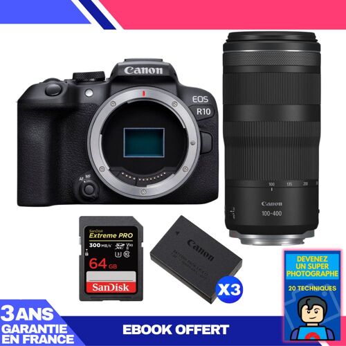 Boitier Canon EOS R10 + RF 100-400mm F5.6-8 IS USM + 1 SanDisk 64GB Extreme PRO UHS-II SDXC 300 MB/s + 3 Canon LP-E17 + Ebook 'Devenez Un Super Photographe'