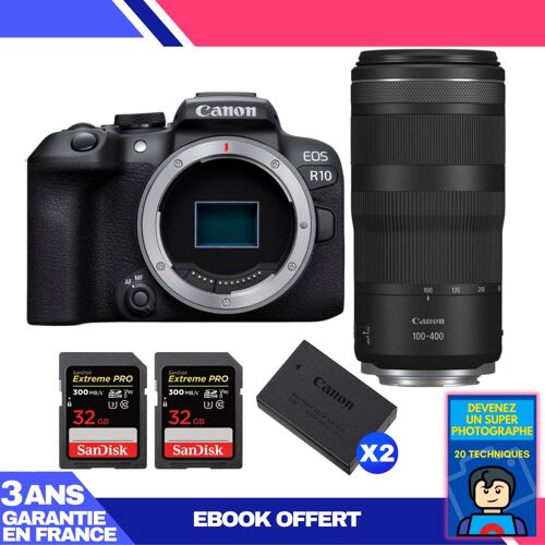 Boitier Canon EOS R10 + RF 100-400mm F5.6-8 IS USM + 2 SanDisk 32GB Extreme PRO UHS-II SDXC 300 MB/s + 2 Canon LP-E17 + Ebook 'Devenez Un Super Photographe'