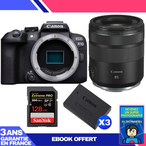 Boitier Canon EOS R10 + RF 85mm F2 Macro IS STM + 1 SanDisk 128GB Extreme PRO UHS-II SDXC 300 MB/s + 3 Canon LP-E17 + Ebook 'Devenez Un Super Photographe'