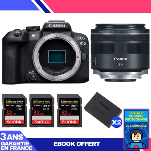 Boitier Canon EOS R10 + RF 35mm F1.8 IS Macro STM + 3 SanDisk 32GB Extreme PRO UHS-II SDXC 300 MB/s + 2 Canon LP-E17 + Ebook 'Devenez Un Super Photographe'