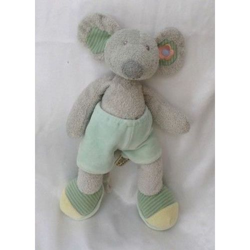 Doudou Peluche Souris Gris Bleu Vert Oreilles Et Pieds Rayures Fleur Nicotoy
