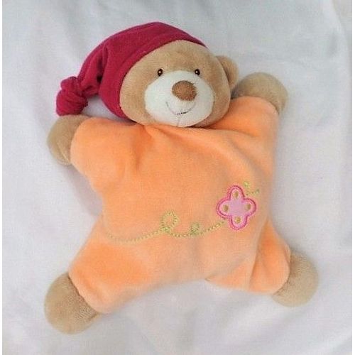 Doudou Peluche Ours Semi Plat Orange Papillon Bonnet Rouge Grelot Nattou