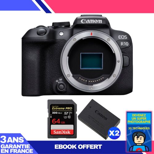 Boitier Canon EOS R10 + 1 SanDisk 64GB Extreme PRO UHS-II SDXC 300 MB/s + 2 Canon LP-E17 + Ebook 'Devenez Un Super Photographe'