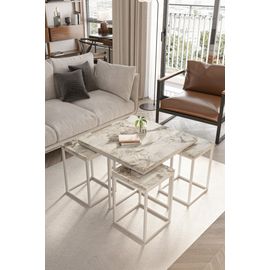Table Basse Gigogne Effet Marbre Blanc Et Metal - Lot 4 Pieces Design Salon