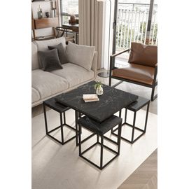 Table Basse Gigogne Effet Marbre Noir Et Metal Noir - Lot 4 Pieces Design Salon
