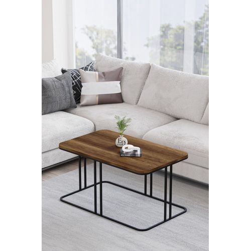 Table Basse Lyon - Design Bois Foncé Et Pieds Métal Noir - Style Moderne Et Élégant