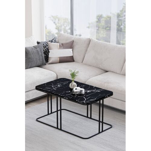 Table Basse Lyon Design Moderne ¿ Plateau Effet Marbre Noir ou Bois ¿ Structure Métal Noir ¿ Style Chic et Durable