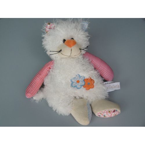 Doudou Chat Blanc Fleurs Pattes Rayées Rouge 32 Cm La Galléria
