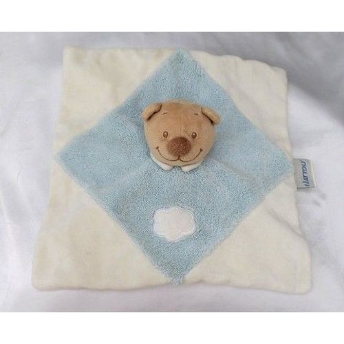 Doudou Peluche Plat Ours Blanc Bleu Nuage Nattou