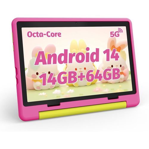 Tablette enfant 10 pouces Android 14 avec 14 Go + 64 Go + 1 To TF, Écran HD 1280x800, 5000 mAh, Double Caméra avec Kid-Proof Etui (Rose)