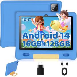 Tablette Enfants 10 Pouces Octa Core avec 16 Go + 128 Go + 1 To TF, Ecran HD 1280x800 IPS, Widevine L1, 5000 mAh, Wi-FI 6, BT 5.3, Preinstalle KIDOZ (Bleu)