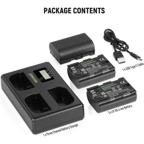 NEEWER LP-E6 Lot de 3 Batteries de Rechange et Chargeur 2000 mAh pour Batterie LP-E6 et Triple Chargeur USB Compatible avec Canon EOS 5D Mark II Mark III Mark IV 5D SR 60D 60Da 6D 70D 7D