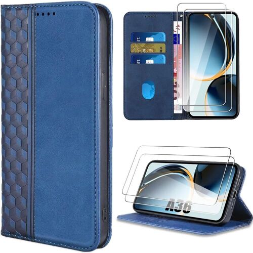 Coque + 2 Verres Trempés Pour Samsung Galaxy A36 5g/A56 5g, Protection Cuir Pu Bleu Marine Motif Mosaïque - E.F.Connection