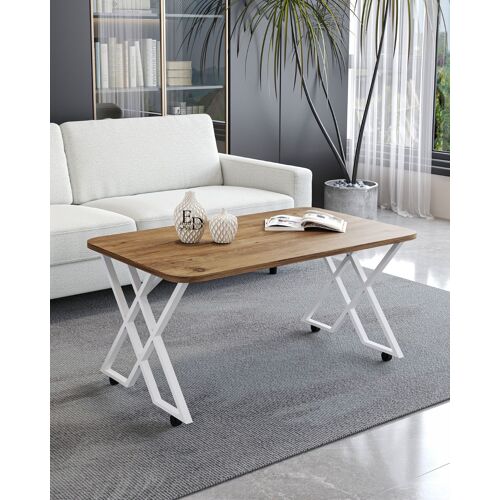 Table Basse Milano - Plateau Bois Fonce - Pieds Croises Metal Blanc - Style Moderne et Raffine