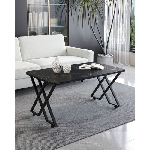 Table Basse Milano - Plateau Effet Marbre Noir - Pieds Croises Metal Noir - Design Moderne Et Elegant
