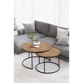 Tables Basses Rondes Bois Naturel - Modele Paris - Set De 2 Tables Gigognes Design Moderne Metal Noir