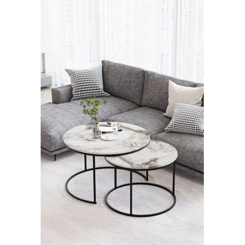 Tables Basses Rondes Effet Marbre Blanc - Modele Paris - Set De 2 Tables Gigognes Elegantes En Metal Noir
