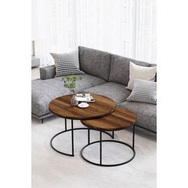 Tables Basses Rondes Bois Fonce - Modele Paris - Set De 2 Tables Gigognes Design Metal Noir