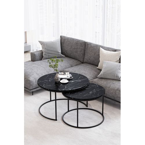 Tables Basses Rondes Effet Marbre Noir - Set De 2 Tables Gigognes Design - Plateau Noir Et Pieds Metal Noir