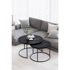 Tables Basses Rondes Effet Marbre Noir - Set De 2 Tables Gigognes Design - Plateau Noir Et Pieds Metal Noir