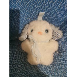 Peluche Doudou Lapin Chien Blanc Bleu Ruban Oreilles Tissus Coeurs Toyland Vintage