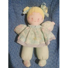 Doudou Poupée Chiffon Tissu Parachute Couette Ruban Bleu Turquoise Fleurs Vintage Corolle