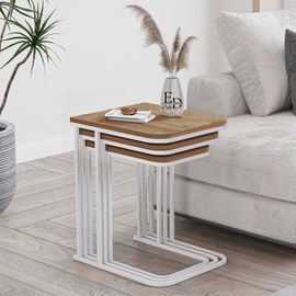 Tables Gigognes Rectangulaires Bois Naturel - Modele Lyon - Set De 3 Tables Basses Design Scandinave Metal Blanc