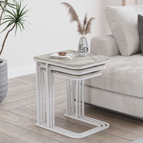 Tables Gigognes Rectangulaires Effet Marbre Blanc - Modele Lyon - Set De 3 Tables Basses Elegantes Metal Blanc