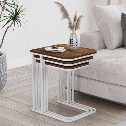 Tables Gigognes Rectangulaires Bois Fonce - Modele Lyon - Set De 3 Tables Basses Design En Metal Blanc