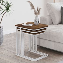 Tables Gigognes Rectangulaires Bois Fonce - Modele Lyon - Set De 3 Tables Basses Design En Metal Blanc