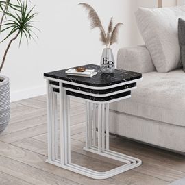 Tables Gigognes Rectangulaires Effet Marbre Noir - Modele Lyon - Set De 3 Tables Basses Design Metal Blanc