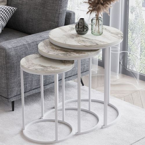 Tables Gigognes Paris Rondes Effet Marbre Blanc - Set De 3 Tables Basses Elegantes - Pieds Metal Blanc Design