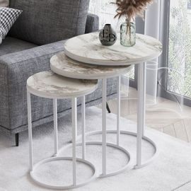 Tables Gigognes Paris Rondes Effet Marbre Blanc - Set De 3 Tables Basses Elegantes - Pieds Metal Blanc Design