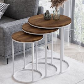 Tables Gigognes Paris Rondes Bois Fonce - Set De 3 Tables Basses Style Moderne - Pieds Metal Blanc Elegant